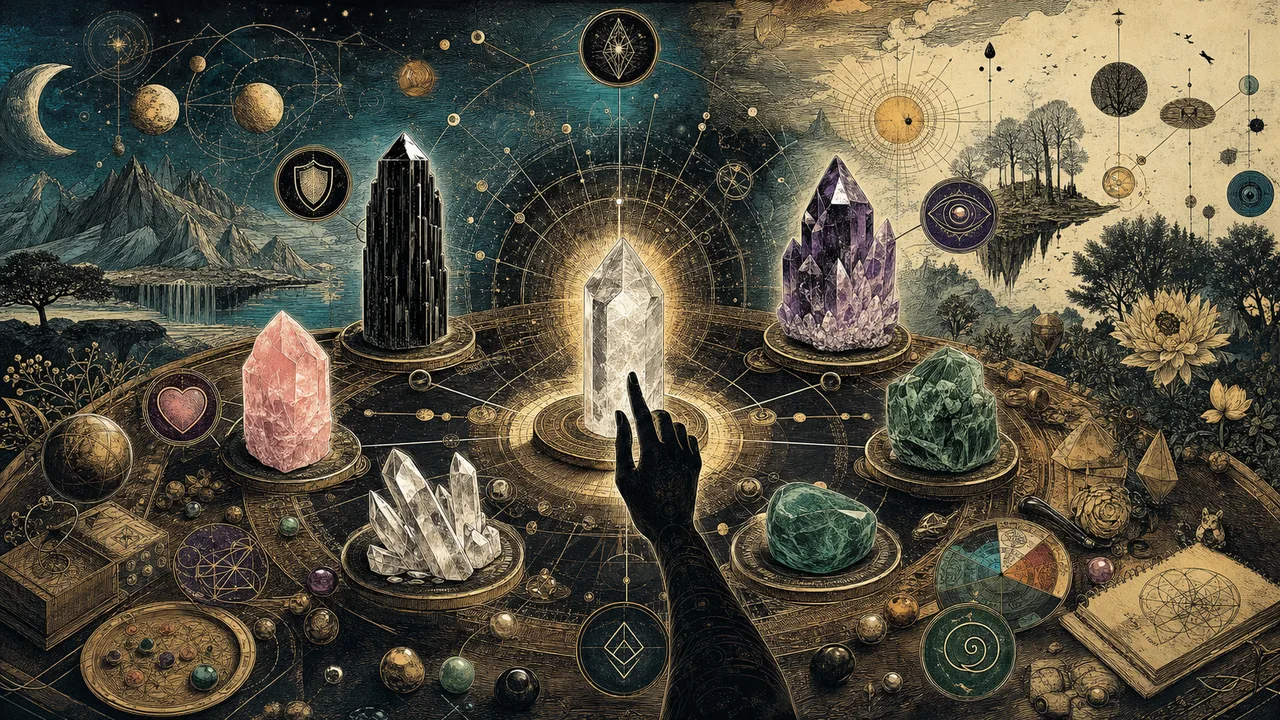 Different crystals organized by energetic purpose in a symbolic crystal therapy composition