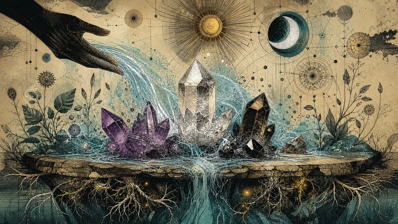 Crystals being purified with running water, earth, and intention in a symbolic crystal therapy composition