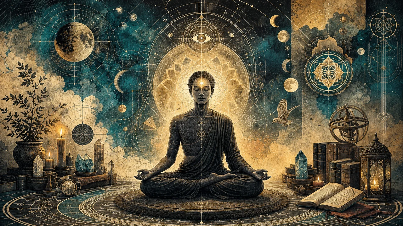 Person meditating with a soft light at the third eye and balanced energy surrounding them