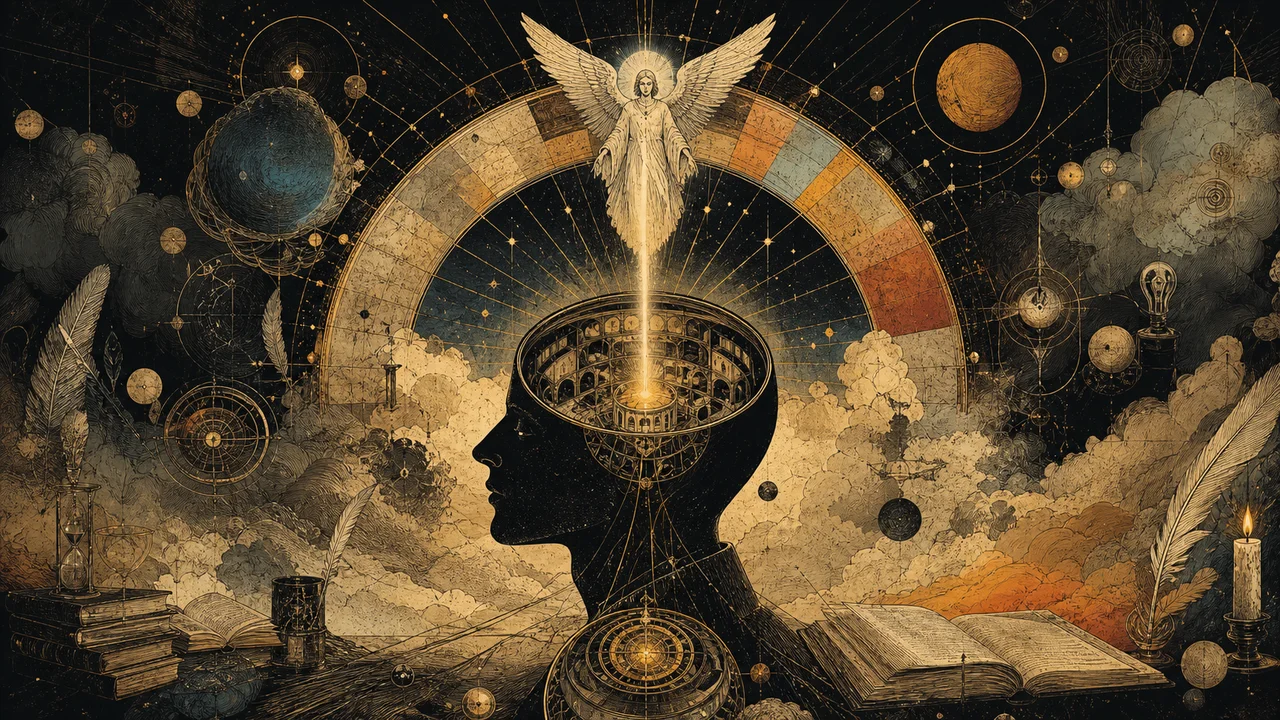 Twenty-four-hour clock divided into 72 parts around an illuminated mind