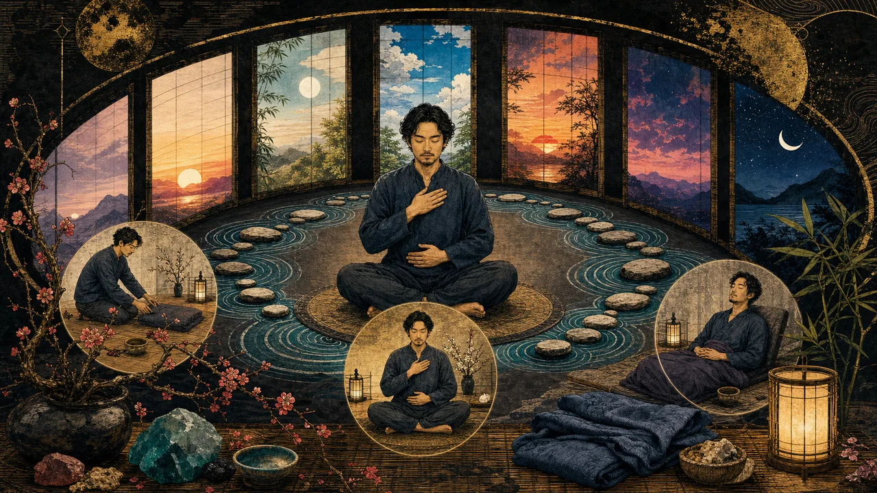 Person practicing self-Reiki in the morning in a peaceful setting with soft light in their hands and everyday objects nearby