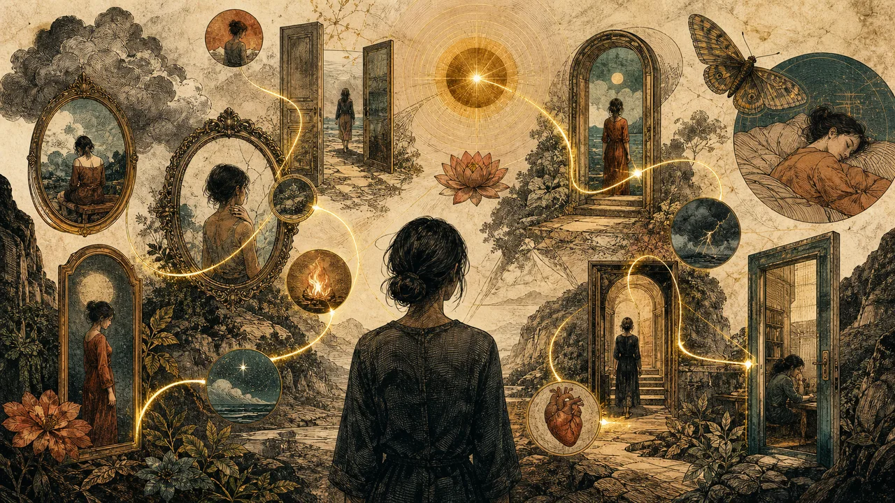 A person observing masks, paths, dreams and recurring patterns around their own life