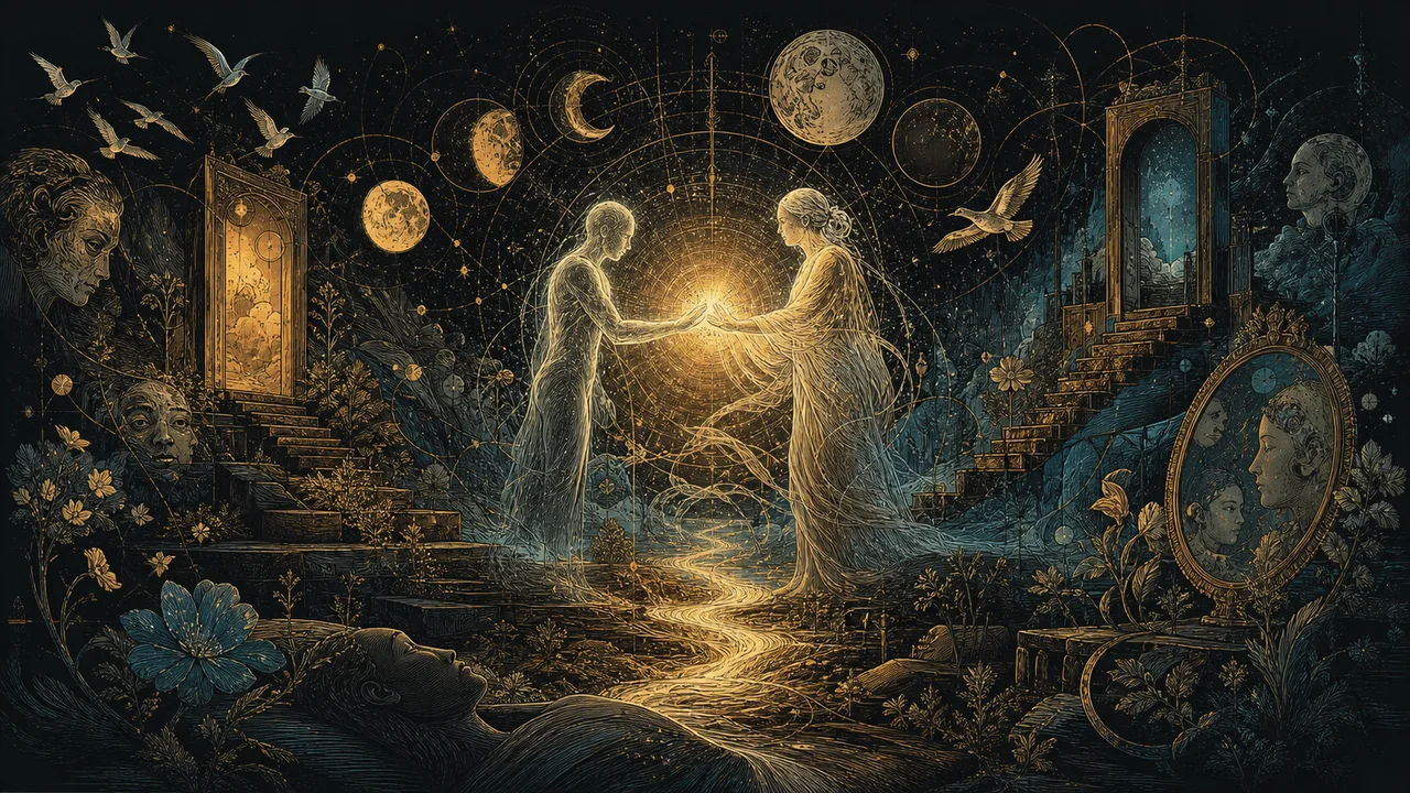 A serene reunion between two luminous consciousnesses in an astral garden during astral projection