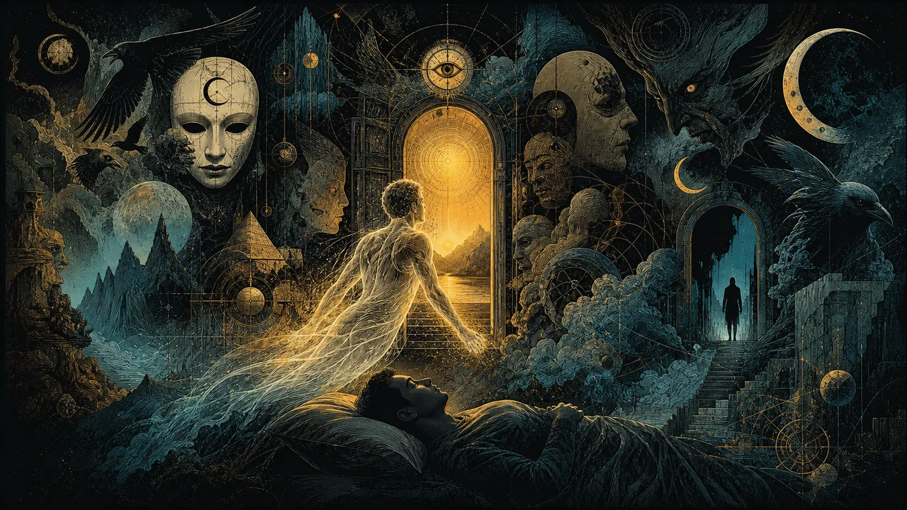 A luminous astral body rising peacefully above the physical body during a safe astral projection