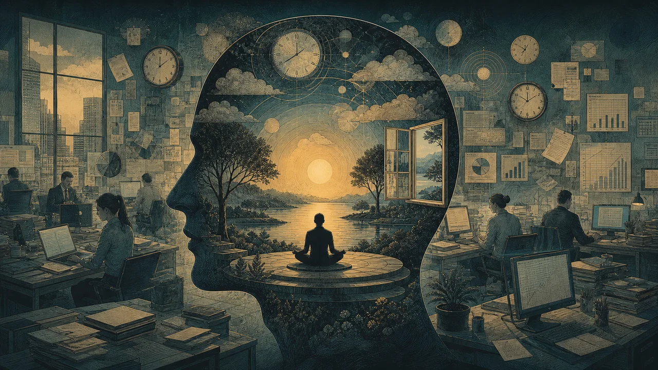A person practicing mindfulness at work during a conscious pause with tasks and gentle messages in the background