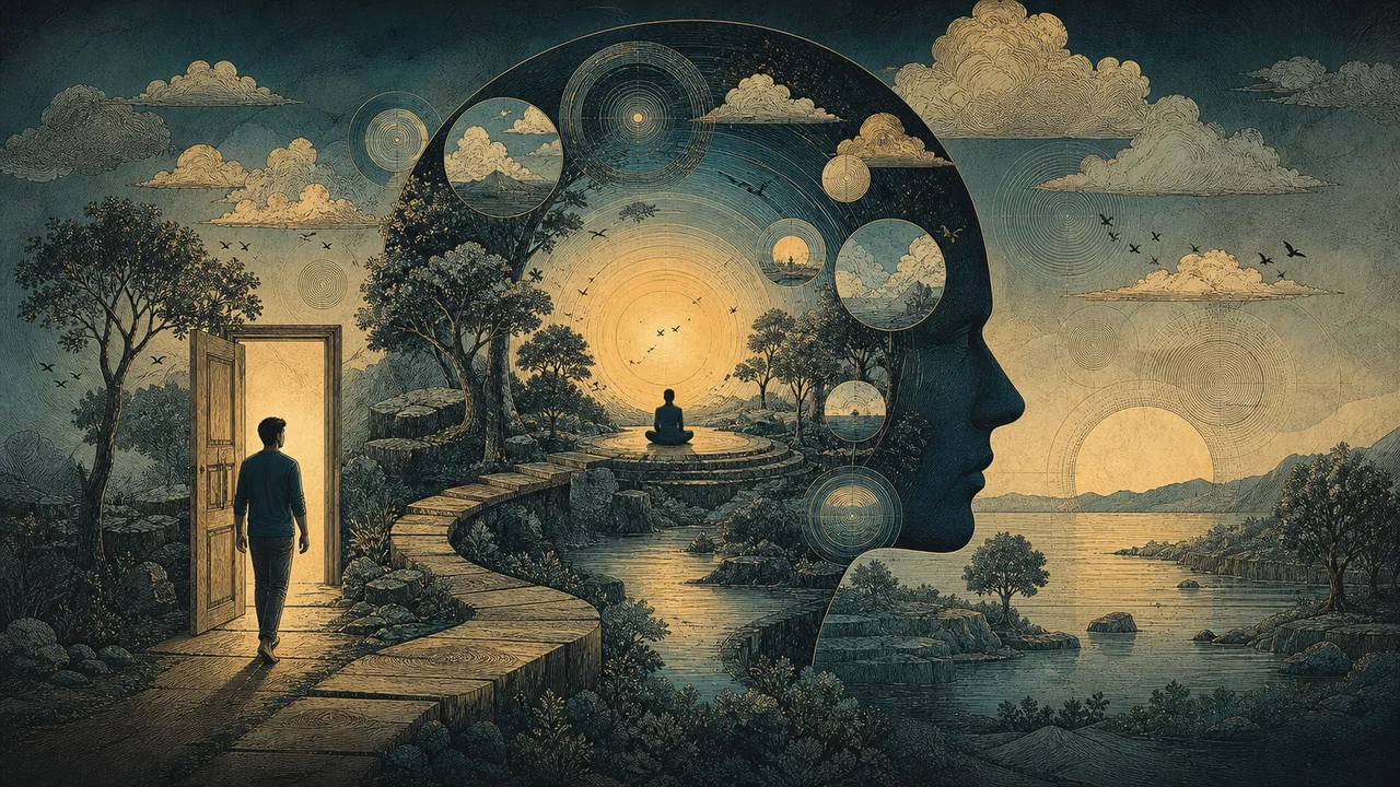 A person beginning a simple mindfulness practice in a calm setting with natural light and everyday elements