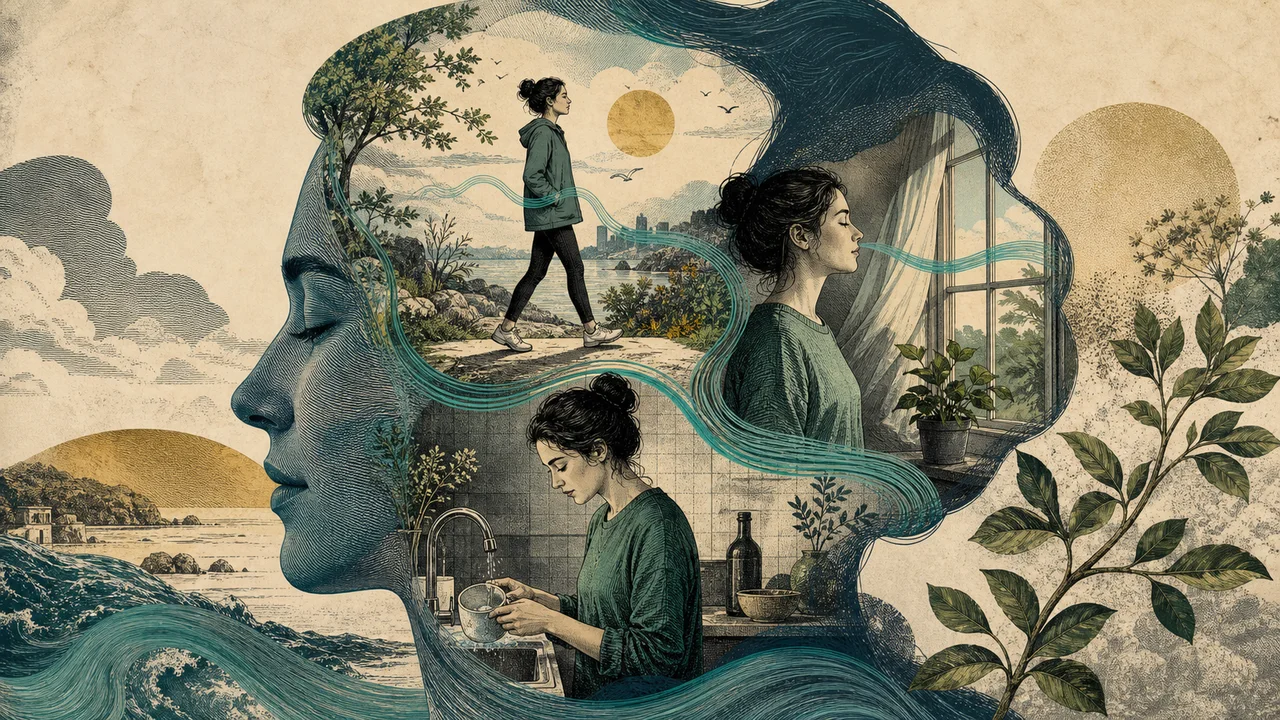 A person practicing mindfulness while walking at home with a cup, representing present-moment awareness in everyday life