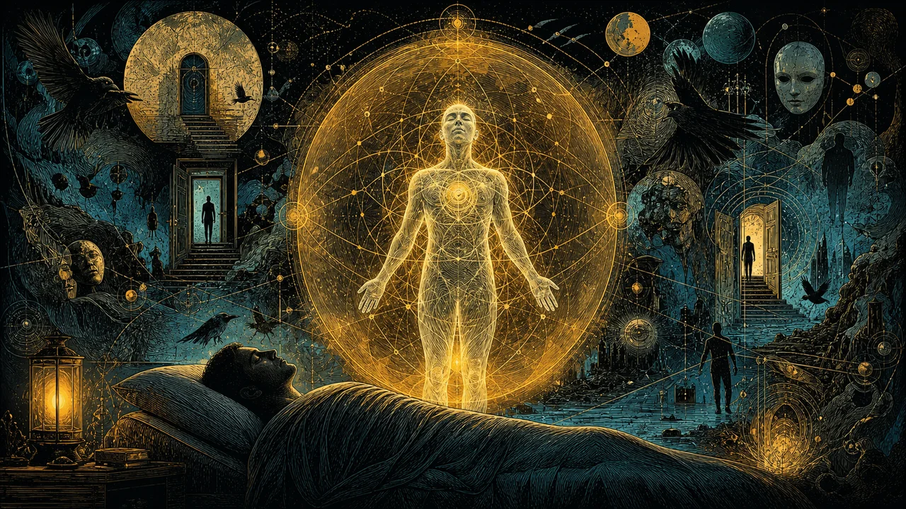 A luminous astral body protected by a field of light during a peaceful astral projection