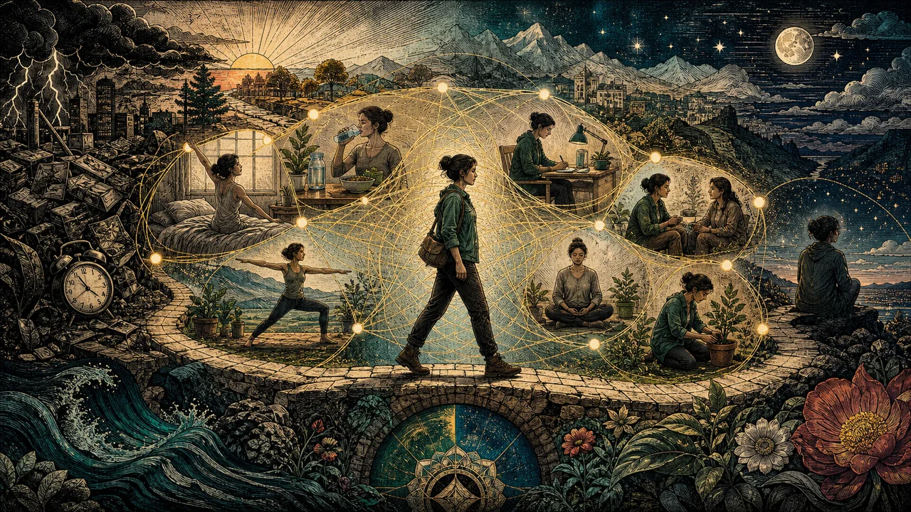 Person walking with a luminous field while everyday habits sustain vibrational frequency
