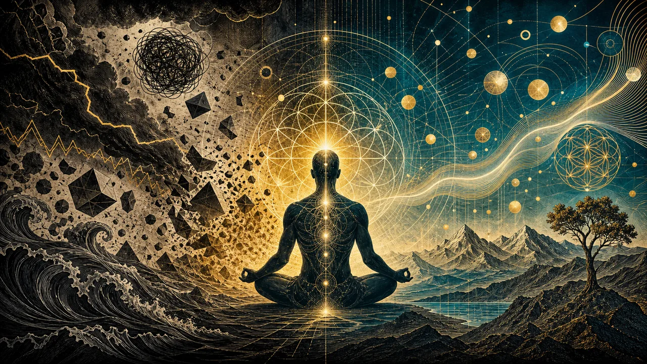 Person meditating with an organized and luminous energy field