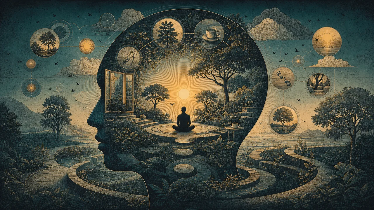 Person practicing mindfulness during a calm morning routine, with gentle symbols of consistency and habit around them