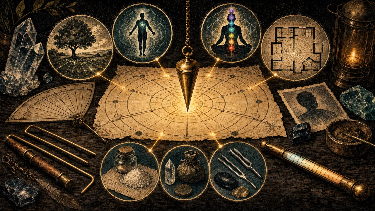Pendulum over a dowsing chart surrounded by symbols of spaces, chakras, witnesses, maps and measuring instruments