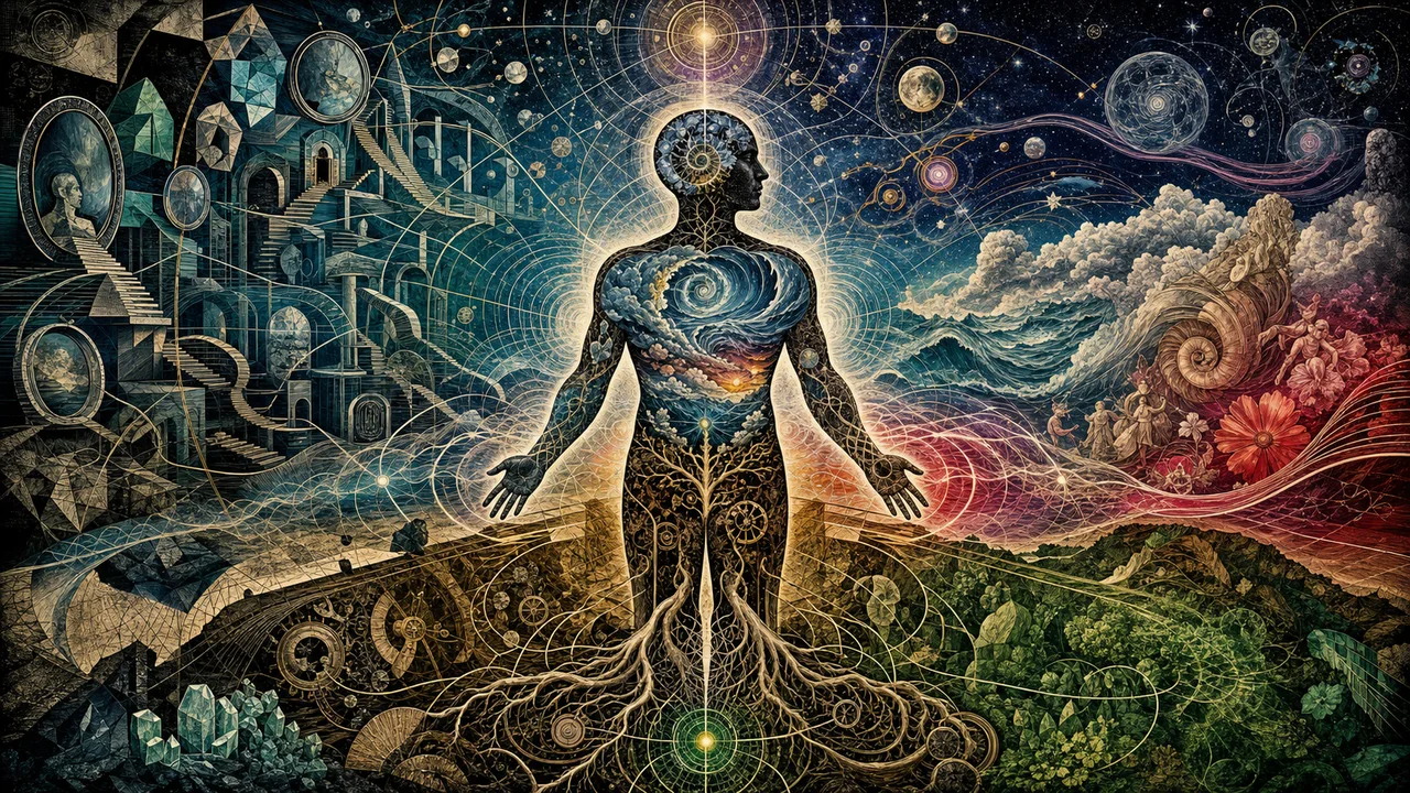 Human figure integrated by luminous waves connecting body, mind, emotions, and consciousness