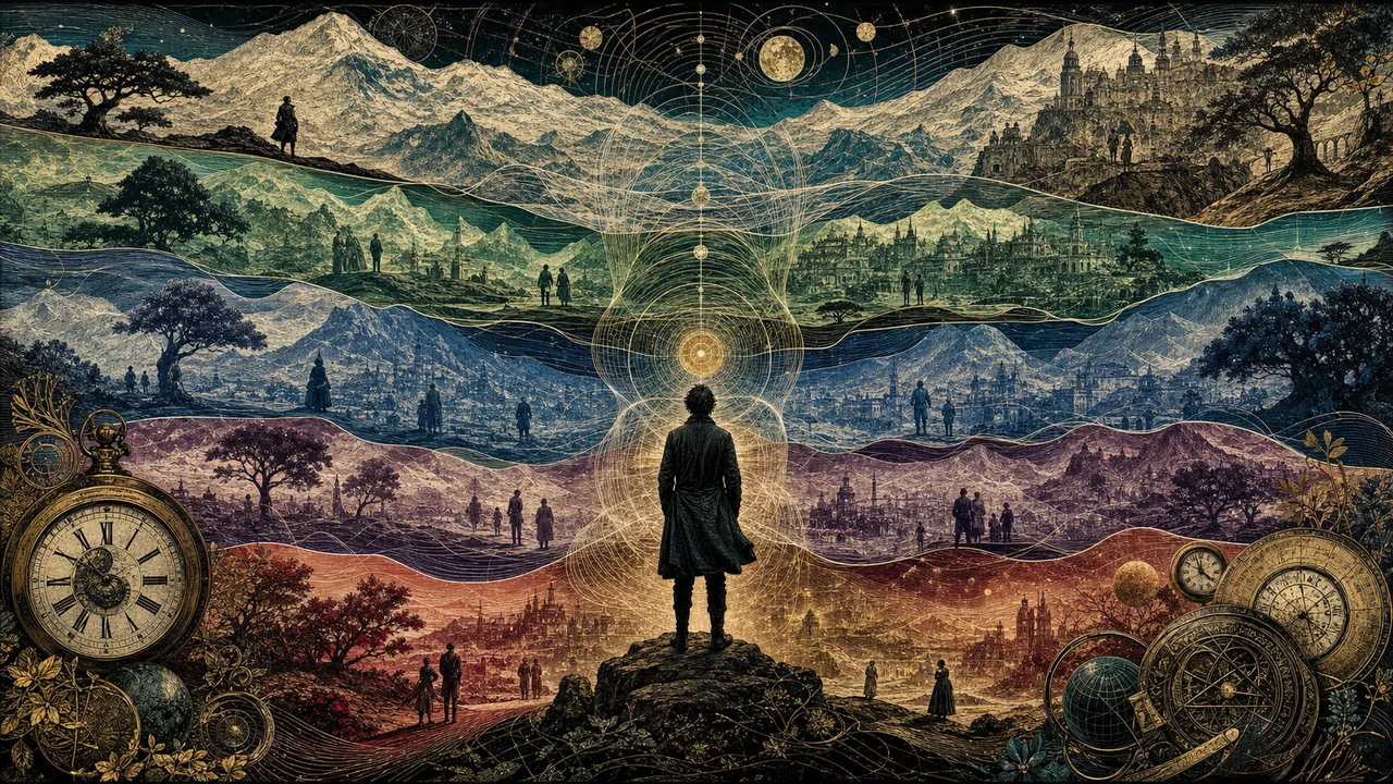 Person meditating before luminous layers representing dimensions, time, and subtle realities in vibrational therapy