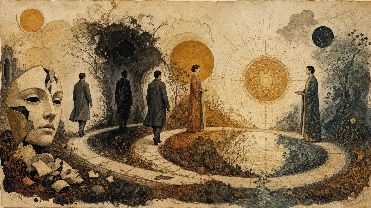A person following a circular path that brings together masks, shadow and a mandala