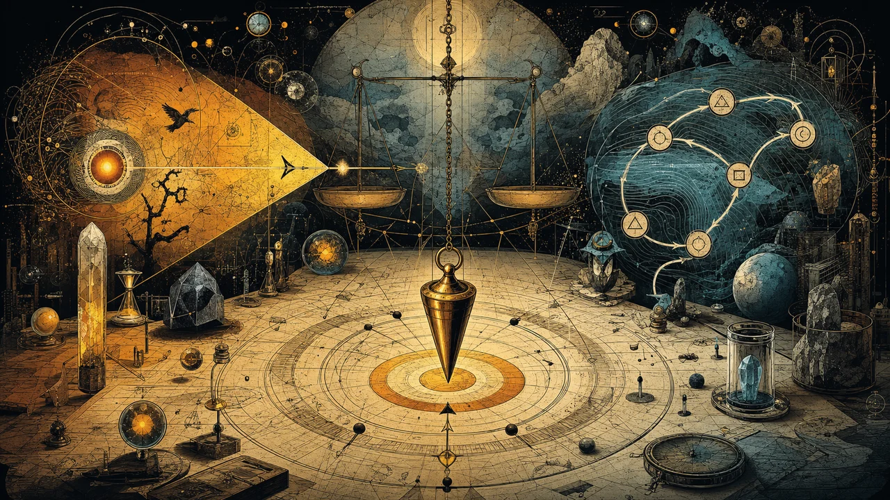 A pendulum over a dowsing chart with a beam of intention, scales of neutrality and symbols of mental convention