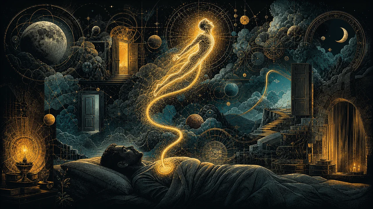 A luminous astral body returning to the physical body through a connection of light during a safe astral projection