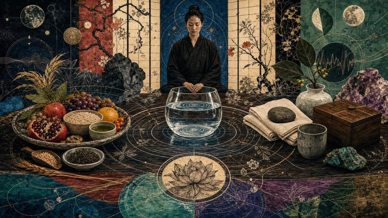 Hands applying Reiki over a glass of water, food, a crystal, a book, and a personal object on an illuminated table