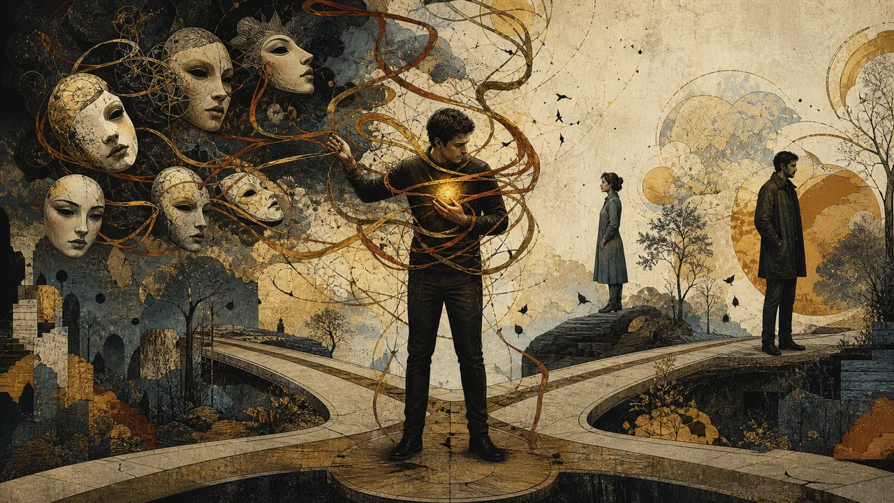 Adult surrounded by ribbons representing desire competing for control of their choices