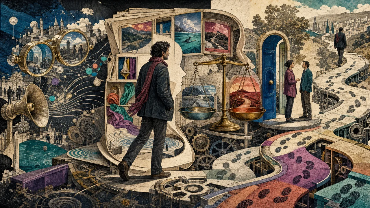 A person observing an internal sequence that connects perception, thought, decision and action