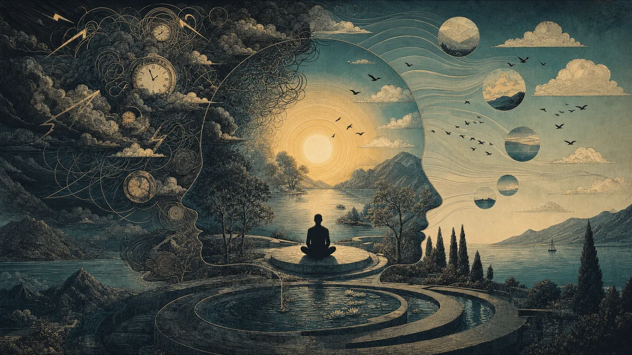 Person practicing mindfulness while racing thoughts organize themselves into gentle shapes around the mind