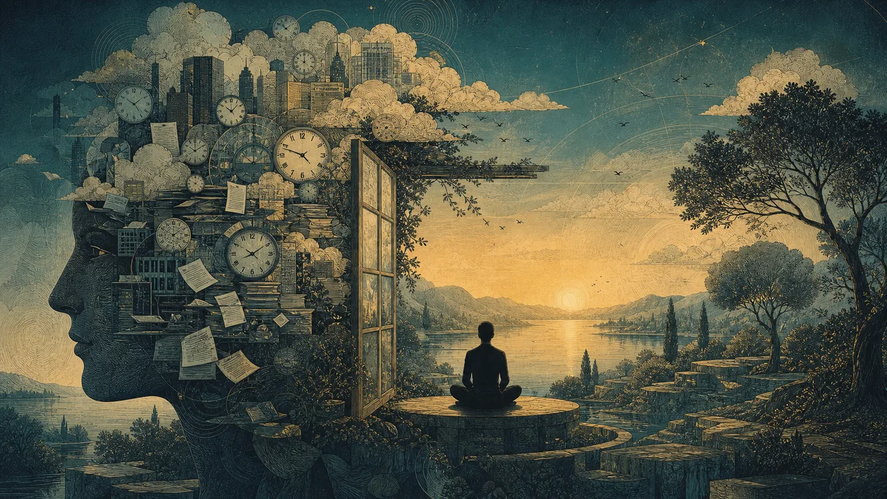Person practicing mindfulness amid tasks and thoughts of mental overload becoming organized in a calm environment