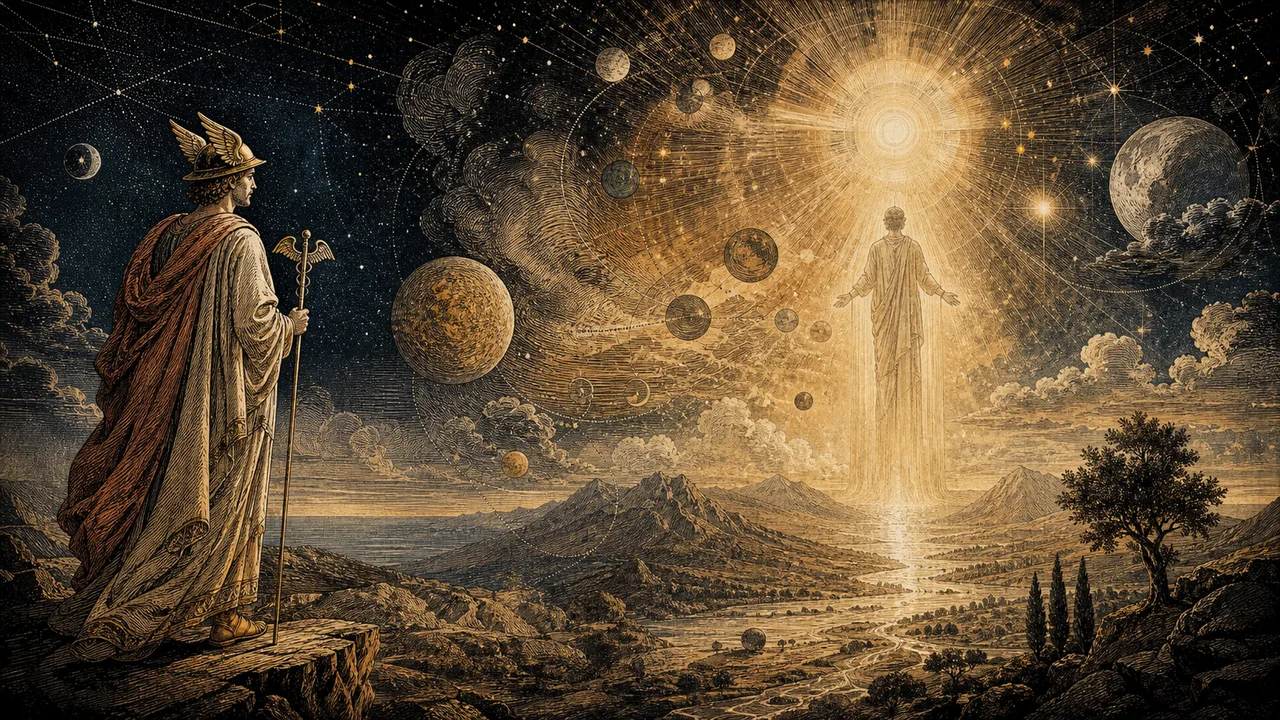 Hermes before Poimandres contemplating the creation of the cosmos and the spiritual origin of the human being