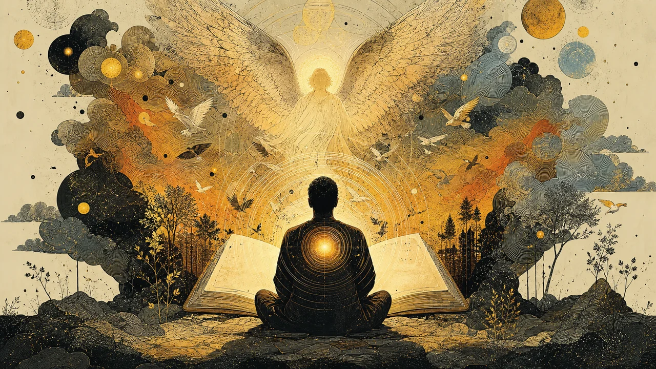 An open book with waves of light rising toward an angelic presence