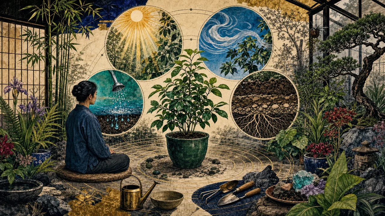 Reiki application to a plant with hands nearby and golden light on the leaves, roots, and soil