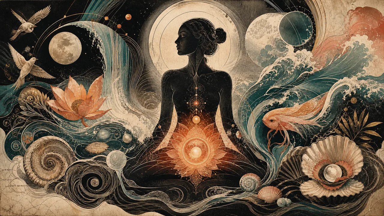 A person meditating above water with orange energy at the sacral chakra and fluid forms around them