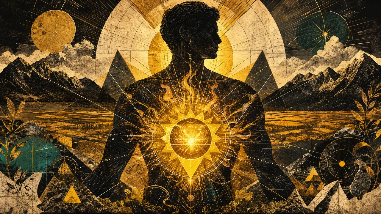 A person meditating with golden-yellow energy in the solar plexus chakra at sunrise