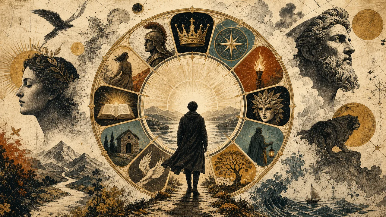Twelve archetypal figures arranged around a central consciousness