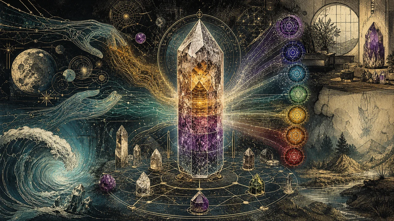 Central crystal charged with light functioning as an energy battery in a symbolic crystal therapy composition