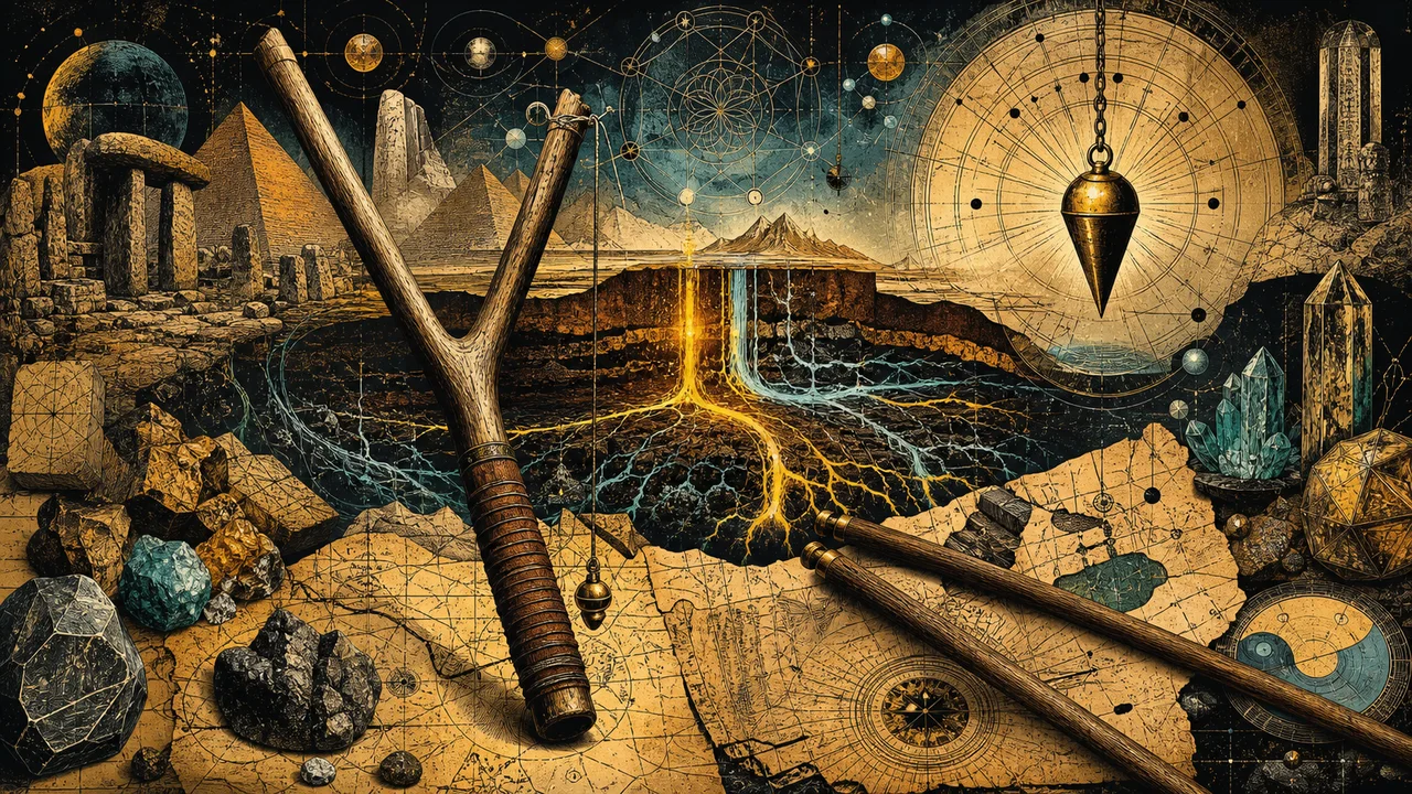 Rhabdomancy fork over ancient maps, underground water veins, minerals, a pendulum, and dowsing charts