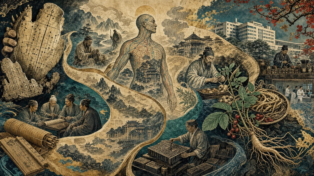 The historical formation of Traditional Chinese Medicine represented by oracle bones, manuscripts, herbs, meridians and different dynasties