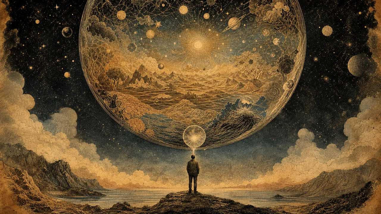 Human figure before a larger luminous sphere representing the difference between individual mind and Universal Mind