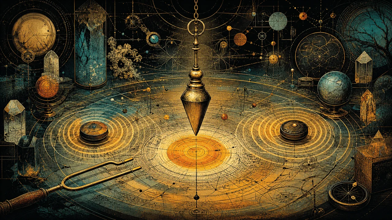 Pendulum over a dowsing chart with resonance waves, crystals, a forked rod and symbols of energetic attunement