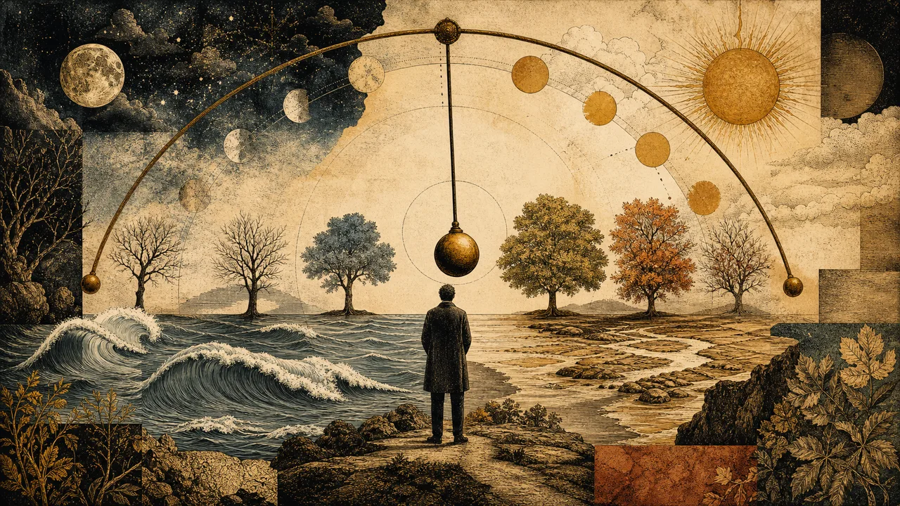 A pendulum moving between two positions that represent the cycles and compensation of the principle of Rhythm