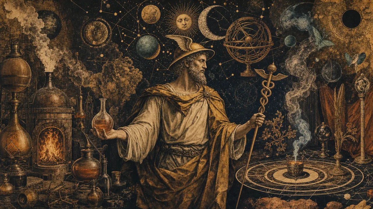 Alchemical instruments, a celestial map and ritual symbols gathered around Hermes
