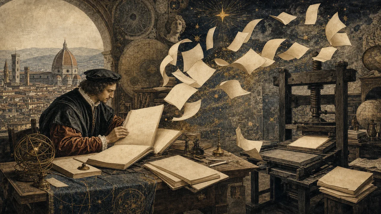 Renaissance humanist before Greek manuscripts and a printing press representing the spread of Hermeticism