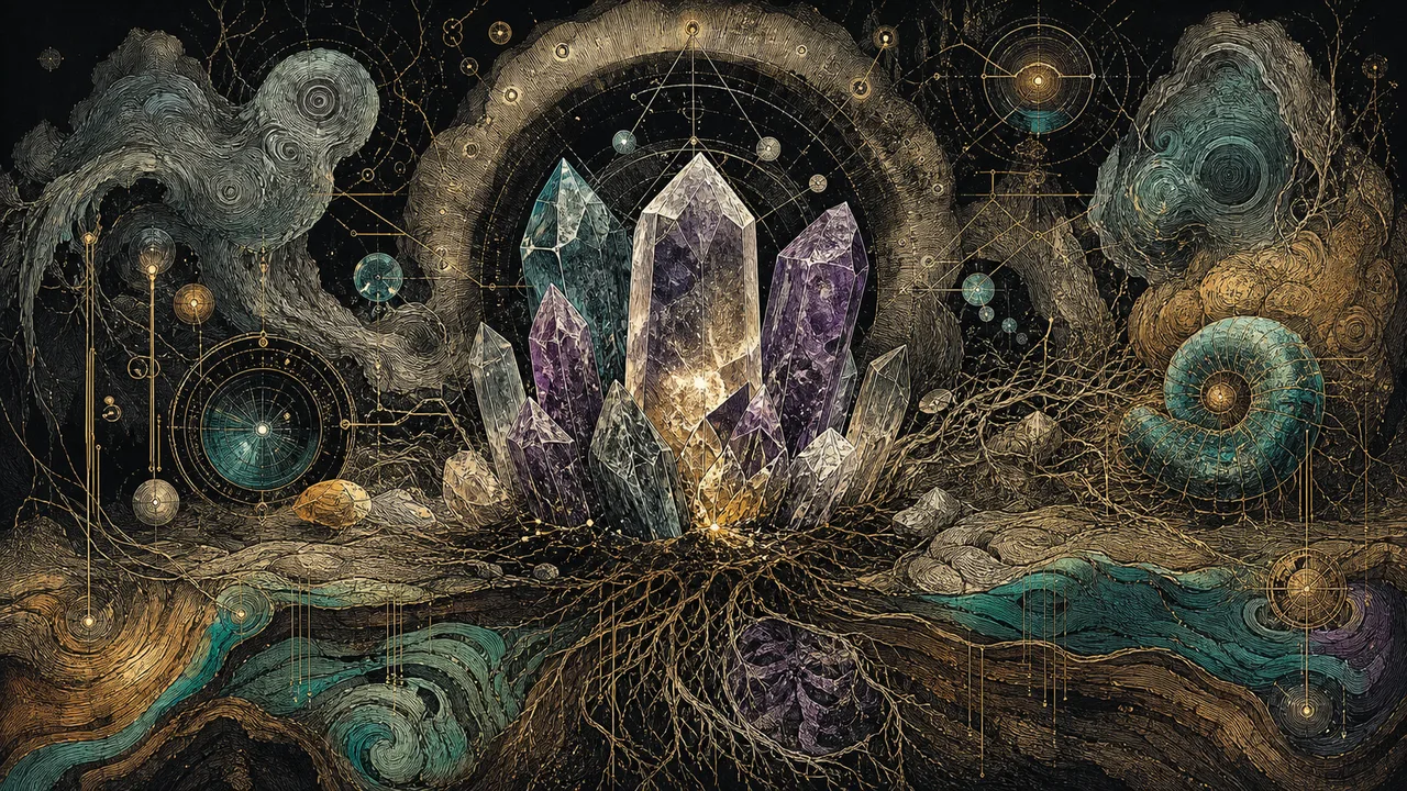 Crystals connected to the earth and subtle elemental presences in a symbolic crystal therapy composition
