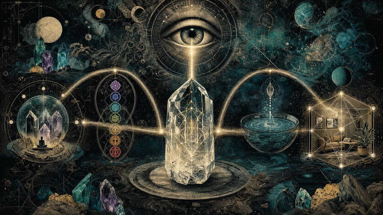 Crystal receiving a beam of intention and distributing energy to chakras, water, and a space in a symbolic crystal therapy composition