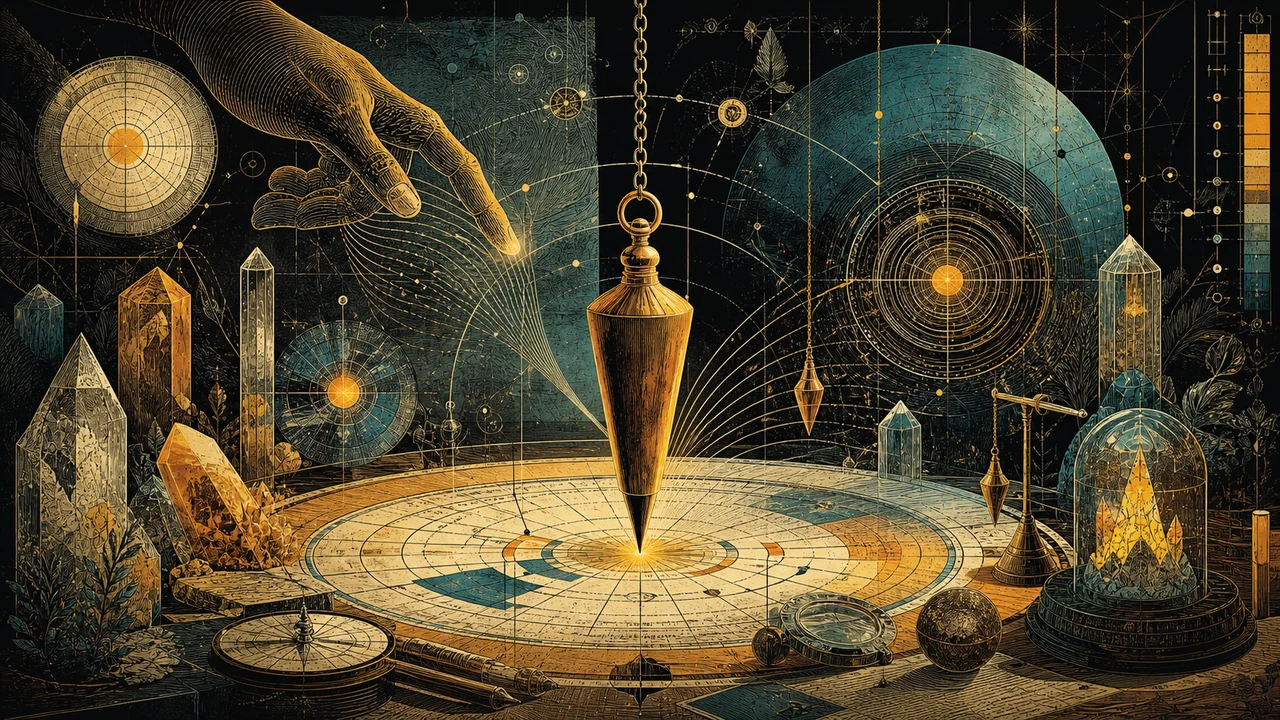 Pendulum suspended over a dowsing chart with crystals, lines of movement, and symbols of energy measurement