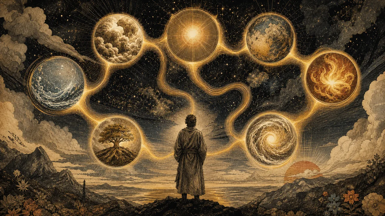 Seven symbolic circles connected around a central figure representing the seven Hermetic laws