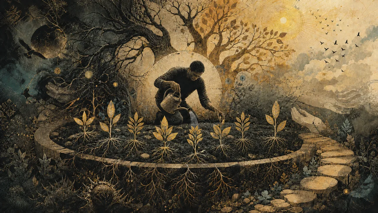 Adult tending golden plants while dark roots transform into an illuminated tree