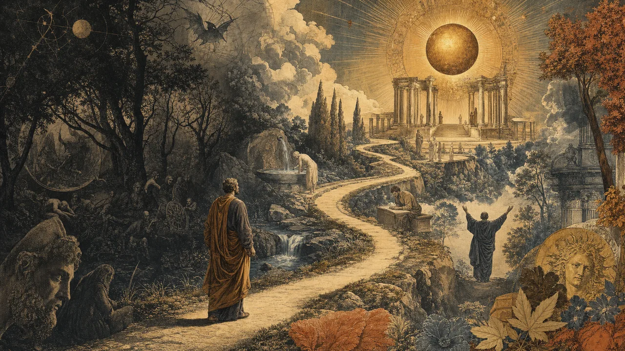 Disciple following the Hermetic spiritual path from ignorance to the light of Nous