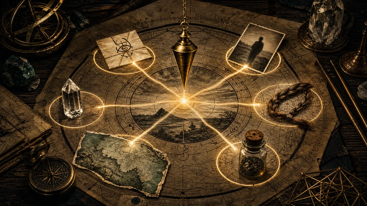 Pendulum over a dowsing chart connected to a photograph, map, sample and crystals by lines of resonance