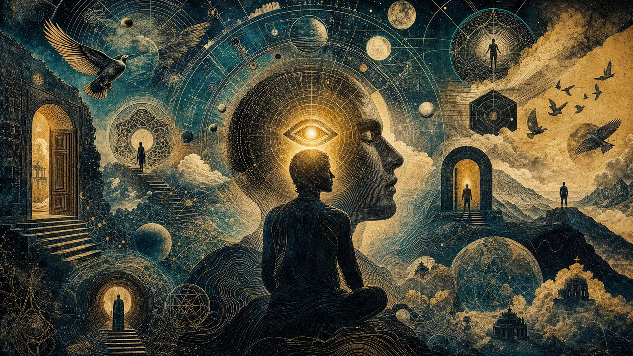 Person with light in the third eye observing subtle layers of consciousness expanding