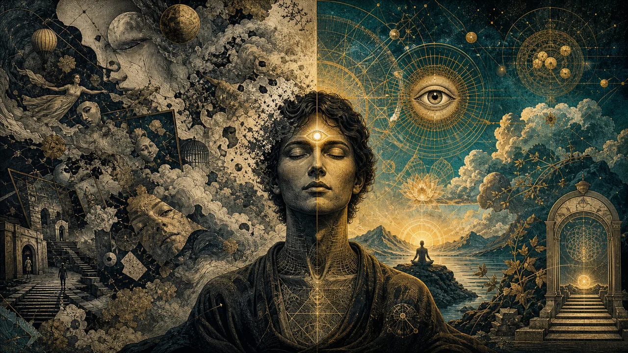 Person meditating with hazy mental images on one side and clear spiritual perceptions on the other