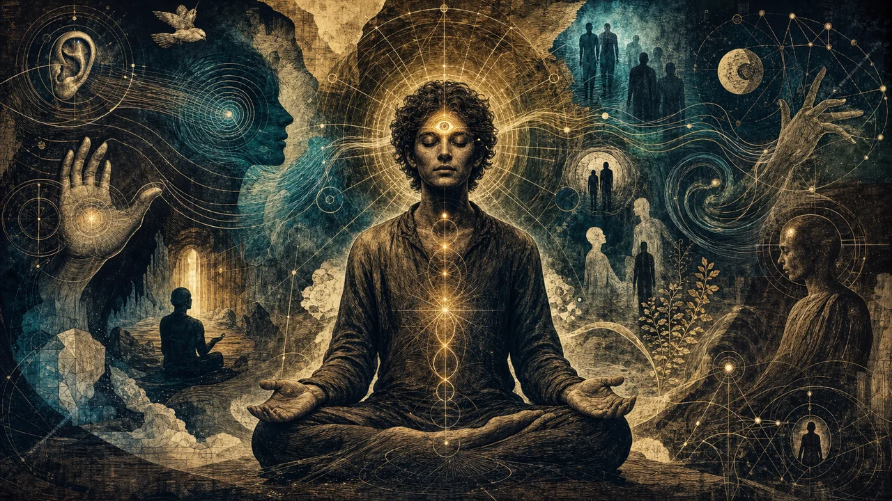 Person meditating with light at the third eye and symbols of different forms of mediumship around them